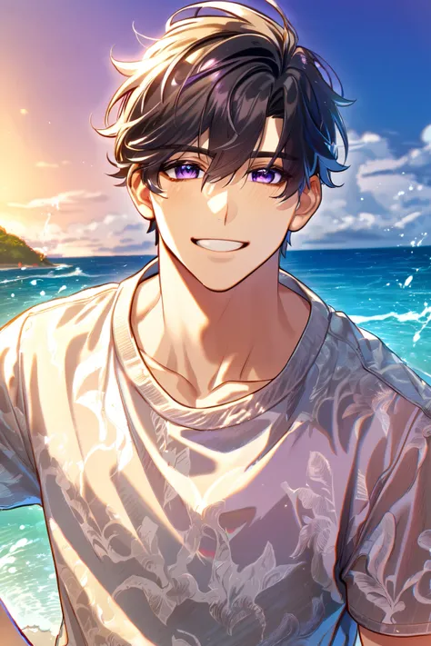 absurdres, highres, ultra detailed, HDR, master 
, best quality, 1 male ,25 years old,beach background, bright sky,handsome, beach outfit, black hair, purple eyes, smiling, water splash