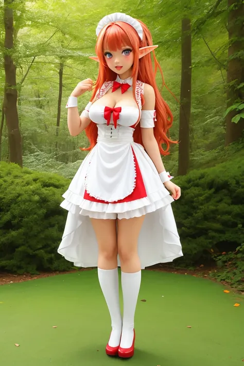 Female, tan skin, heterochromia red/white eyes, perfect split half red hair/half white hair down middle, perfect, full breast, elf ears, full body, standing, facing viewer, maid uniform