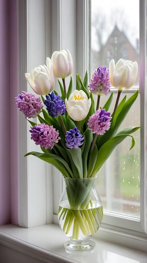 In the photo you can see a bouquet of tulips and hyacinths in a glass vase, standing on window sill. 

Composition consists of three white tulips, surrounded by pink and purple hyacinths. Flowers are in different phases of bloom, some buds are still closed...