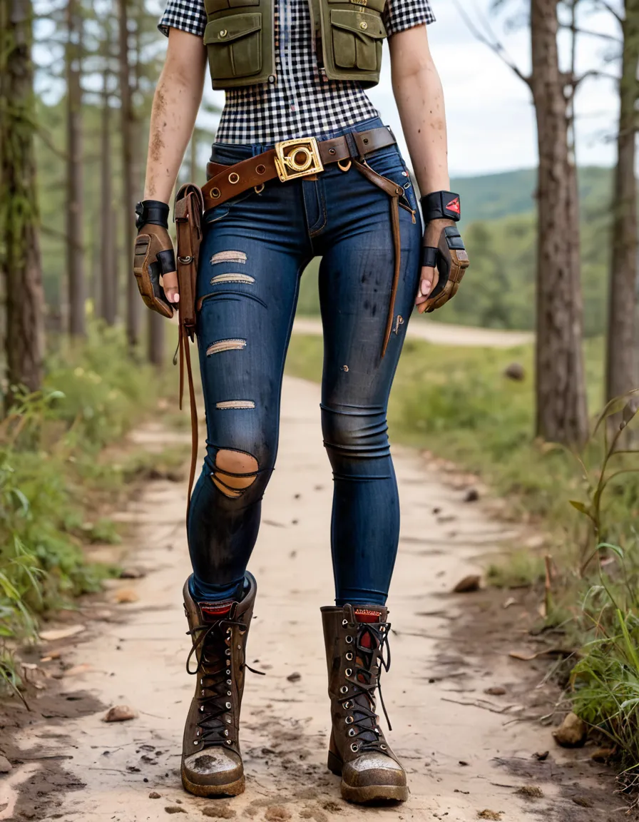 A sexy slim woman, wearing (a pair of very dusted, dirty and washed-out skintight dark black jeans:1.2), (army vest on ultra long checkered shirt:1.2),  hiking boots, gloves. small belt, (front view), Perfect body, (perky tits:1.2), (dirty dry legs wide op...