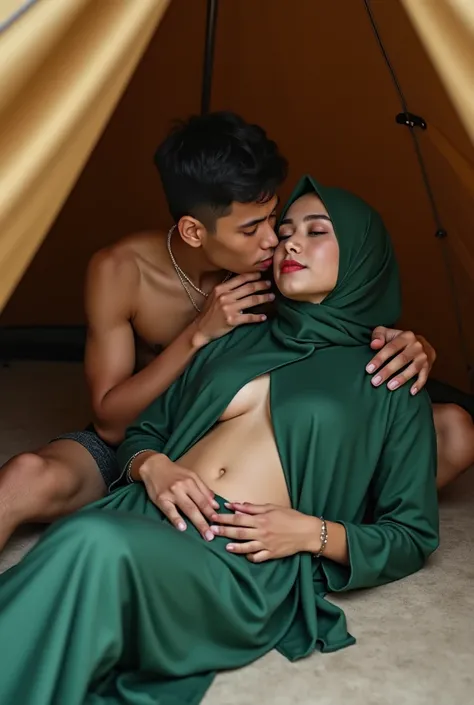 A Indonesia hijab girl, white skin, perfect body, showing boobs breast, nude girl, green satin hijab, soft stomach,show vagina, lying on matress with spreading leg , on the tent camp, horny face, wear necklace and bracelet, 1 young men wearing short leggin...