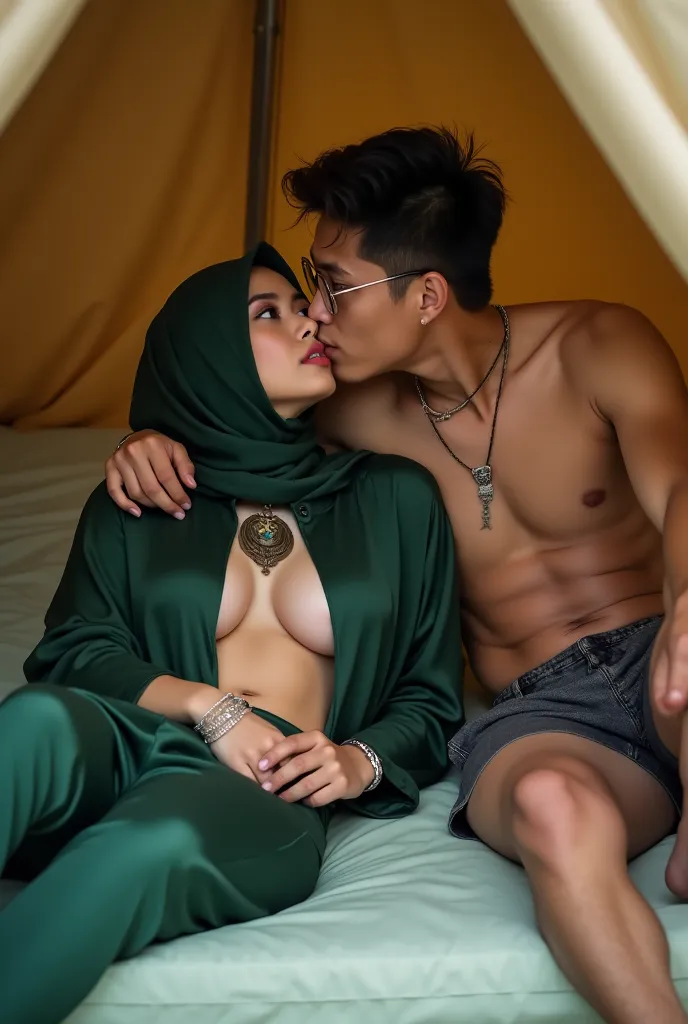 A Indonesia hijab girl, white skin, perfect body, showing boobs breast, nude girl, green satin hijab, soft stomach,show vagina, lying on matress with spreading leg , on the tent camp, horny face, wear necklace and bracelet, 1 young men wearing short leggin...