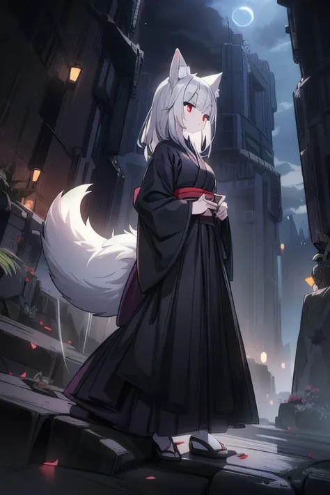 ((Best masterpiece, Perfect quality, Ultra detailed)), A fox girl with skinny body, With silver short hair, White big fox ears, Single hairy tail, Pale skin, Glowing red eyes, Wound on her cheek, Putting on a black kimono, Long length, Black cloth, Putting...