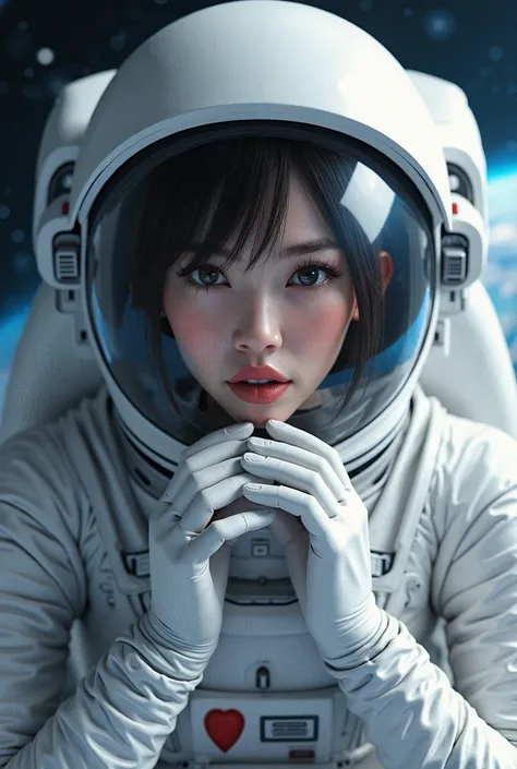 a female cosmonaut taking  in very beautiful space. She has a white spacesuit, and white gloves, and her head is inside a transparent helmet, masterpiece, best quality, highly detailed face, perfect lighting, 