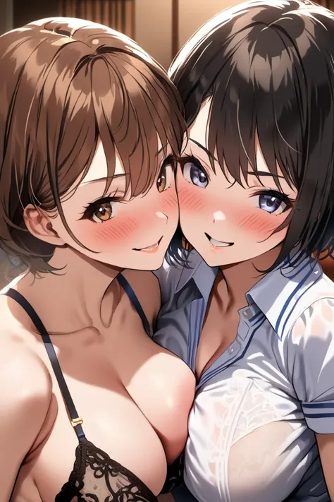 top quality, masterpiece, high resolution, 8k, (2 girls), duo, (face shot), (((１People are big breasted college girls with semi-long black hair))), (((１people are beautiful breasted high school girls with brown hair and short hair))) troubled face, smile, ...