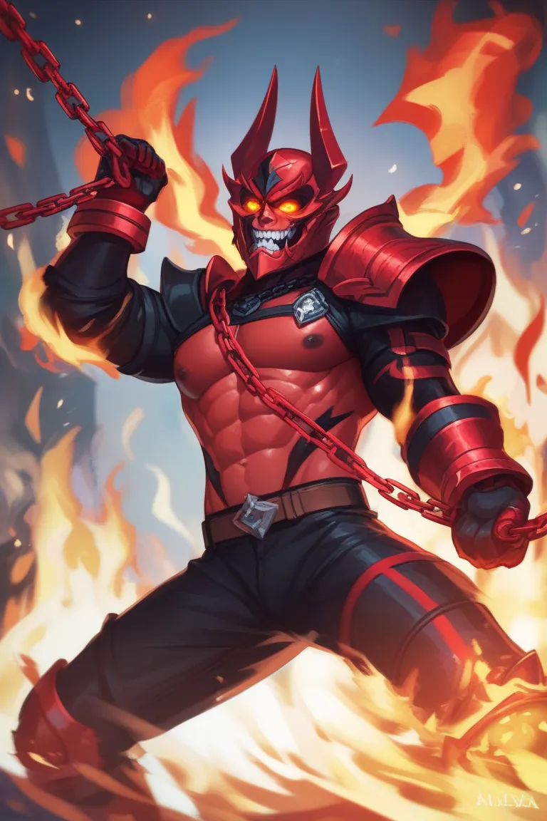 Suit & Aesthetic:
	•	Jet-black bio-armor with crimson hellfire veins.

•	A demonic mask/helmet that shifts between his different states.
	•	Glowing abyssal eyes that shift from red to blue to violet, depending on his energy level.
	•	Chains wrap around his...