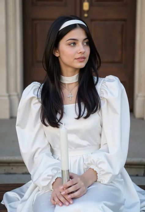 young 21-year-old German black-haired altar boy ,  beautiful eyes .  long black hair with loose hair .    hairband   ,  necklace with cross , long white satin fair dress with white long satin sleeves ,   transparent lip gloss ,    green eyes,  blue eyes, s...