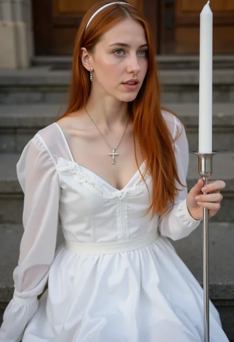 young 21-year-old German red-haired altar boy,  beautiful eyes .   long red hair ,  worn open  .    hairband   ,  necklace with cross , long white satin dirndl dress with long white satin sleeves ,   transparent lip gloss ,    green eyes, slim building  , ...