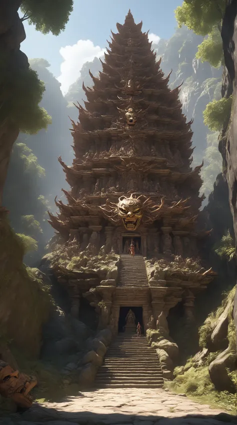 there is a stone statue in the middle of a forest,  stone eyes , Oxaguian 3D epic, still image from the movie “Tomb Raider”, By Simon de Vlieger, Ancient religious architecture, monstrous mask, Anamorphic widescreen, photorealistic-n 9, Neo-Andean architec...