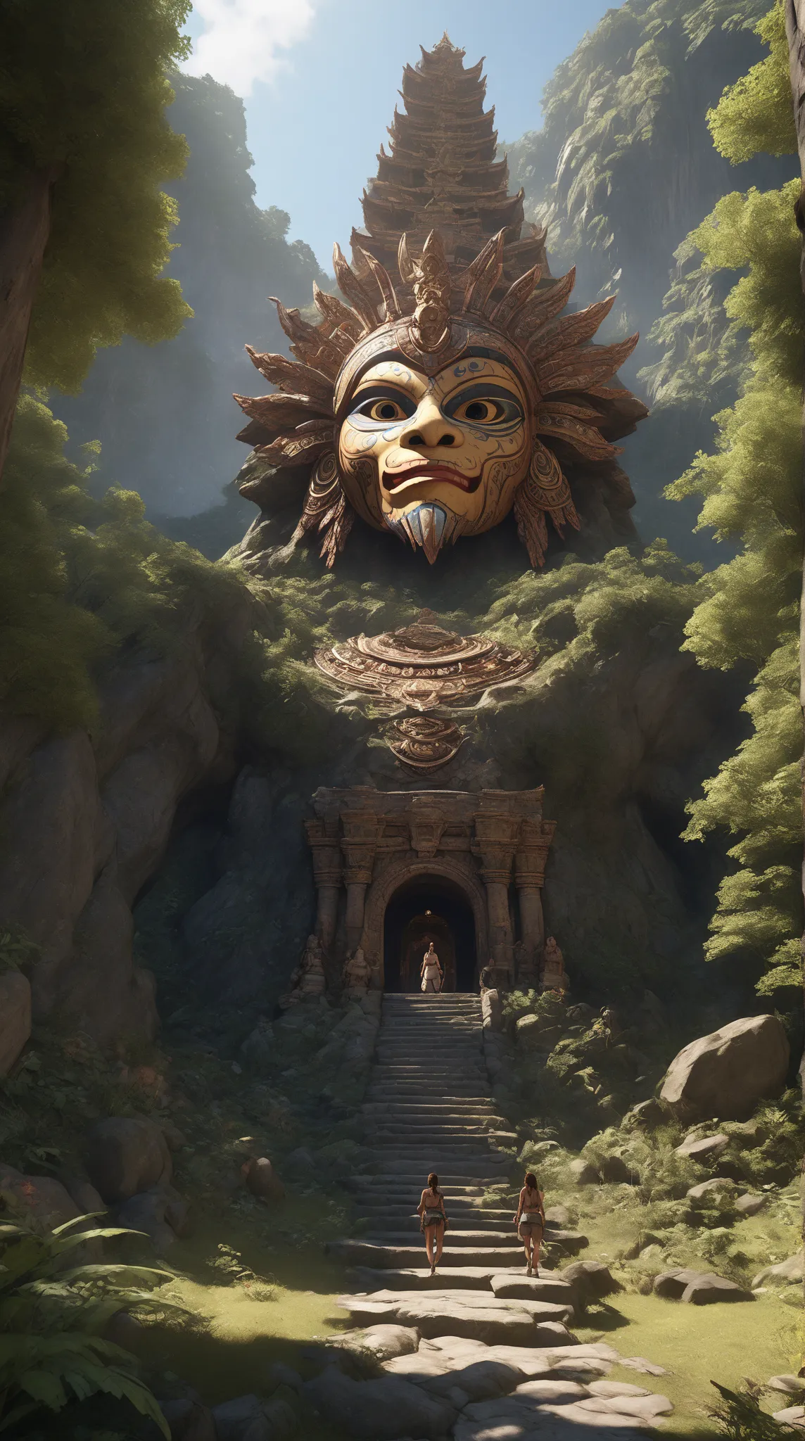 there is a stone statue in the middle of a forest,  stone eyes , Oxaguian 3D epic, still image from the movie “Tomb Raider”, By Simon de Vlieger, Ancient religious architecture, monstrous mask, Anamorphic widescreen, photorealistic-n 9, Neo-Andean architec...