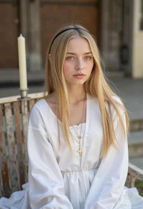 young 21-year-old German blonde altar boy ,  beautiful eyes .  long blond hair with loose hair .    hairband   ,  necklace with cross , long white satin fair dress with white long satin sleeves ,   transparent lip gloss ,    green eyes,  blue eyes, slim bu...