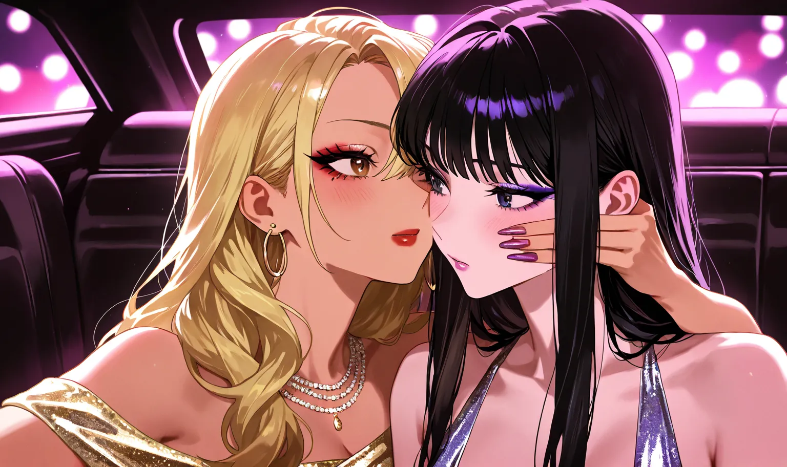 [makeup:1.3], gyaru, yuri, cool beauty, 2 women, black hair, long hair, slender body, lovestruck, rest, upper body, party dress, cheek on another’s cheek, arm around neck, luxury limousine inside