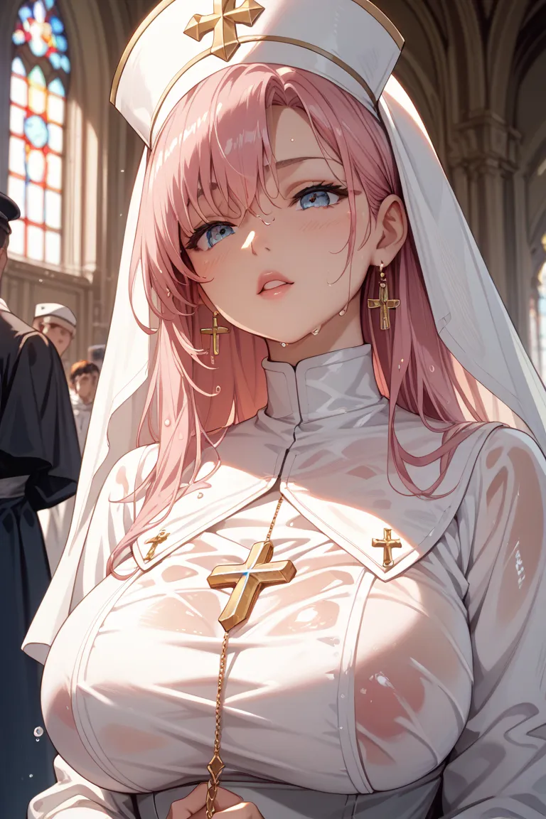 (((( masterpiece)))), ((((top quality)))), high resolution,fine grain, detailed face, wet, nun,white priest dress, white priest hat、White Veil、 pink long hair、 action, big breasted