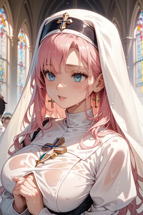 (((( masterpiece)))), ((((top quality)))), high resolution,fine grain, detailed face, wet, nun,white priest dress, white priest hat、White Veil、 pink long hair、 action, big breasted