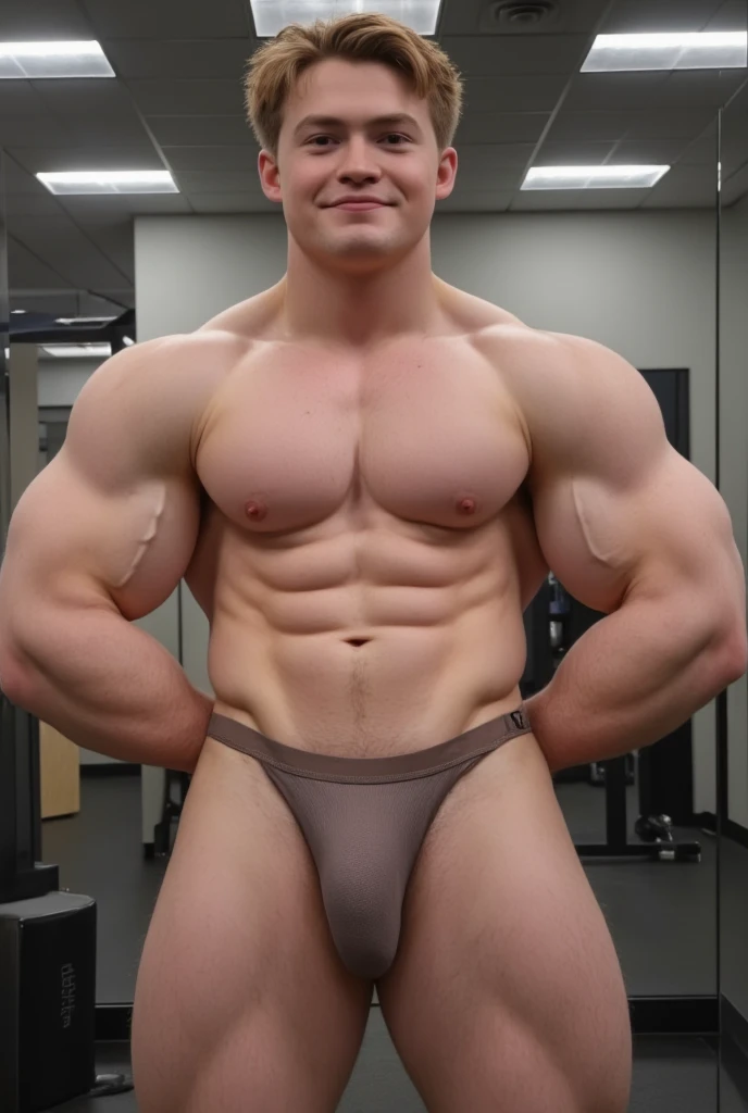 Kit Connor. This image is a high-quality photograph featuring Kit Connor with short, tousled light brown hair. He is standing i the gym. Has also a big ass, turned around to show his fullbubble but and back. Full body He has a light complexion and expressi...