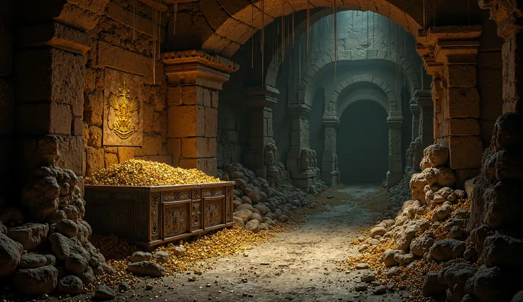 A dark and ancient treasure room hidden deep within a forgotten temple. The chamber is filled with piles of gold, jeweled artifacts, and ornate statues, all covered in dust and thick cobwebs. The stone walls are aged and cracked, adorned with ancient carvi...