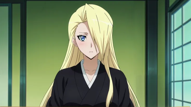 masterpiece, best quality, , anime screencap, anime coloring, official style, looking at viewer, 1girl, solo, female focus, female version izuru_kira, blonde hair, blue eyes, long hair, hair over one eye, traditional Japanese outfit, dark black kimono  ,((...