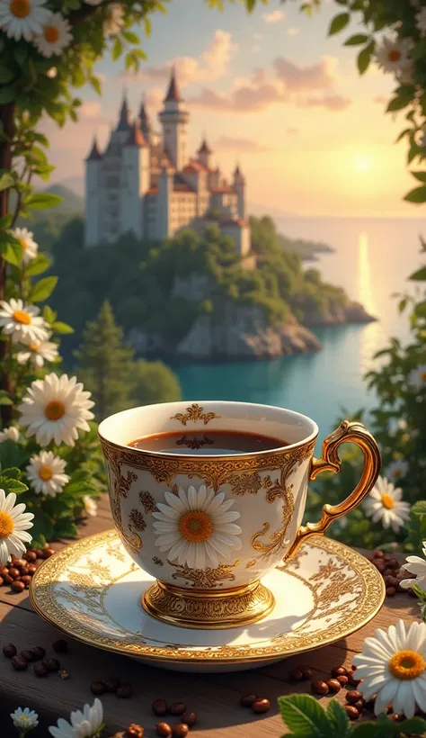 a cup of coffee, that stands on a saucer. Both the cup, and saucer are richly decorated, z motywami kwiatowymi i złotymi ornamentami. Interior cups filled with coffee. 
The composition is very decorative,  with numerous details , such as white flowers,  gr...