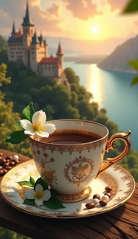 a cup of coffee, that stands on a saucer. Both the cup, and saucer are richly decorated, z motywami kwiatowymi i złotymi ornamentami. Interior cups filled with coffee. 
The composition is very decorative,  with numerous details , such as white flowers,  gr...