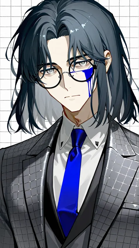 A middle-aged man,Single middle-aged male,thin,Grey eyed, wearing square glasses ,Wearing a dark grey grid suit,长而凌乱的墨蓝色hair,hair,thin弱,whole body,thin骨嶙峋的, No emotions ,Open the jacket， expressionless，The mythical Cthulhu scholar，Haggard，whole body出镜，hair...