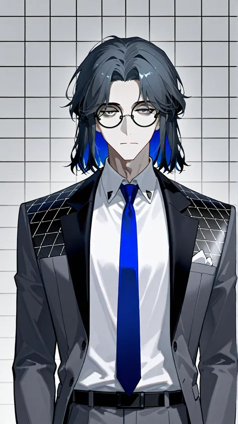 A middle-aged man,Single middle-aged male,thin,Grey eyed, wearing square glasses ,Wearing a dark grey grid suit,长而凌乱的墨蓝色hair,hair,thin弱,whole body,thin骨嶙峋的, No emotions ,Open the jacket， expressionless，The mythical Cthulhu scholar，Haggard，whole body出镜，hair...