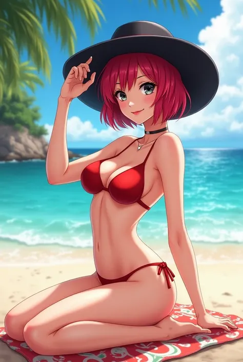 short hair, red hair, big black fedora hat, black eyes, smile, no neckless, red bikini, next to the beach,  anime