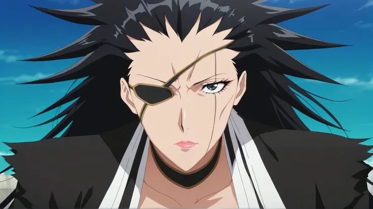 masterpiece, best quality, , anime screencap, anime coloring, official style, looking at viewer, , 1girl, (solo), female focus, female version kenpachi_zaraki, black hair, black eyes, ((long hair)) , eyepatch, , ,