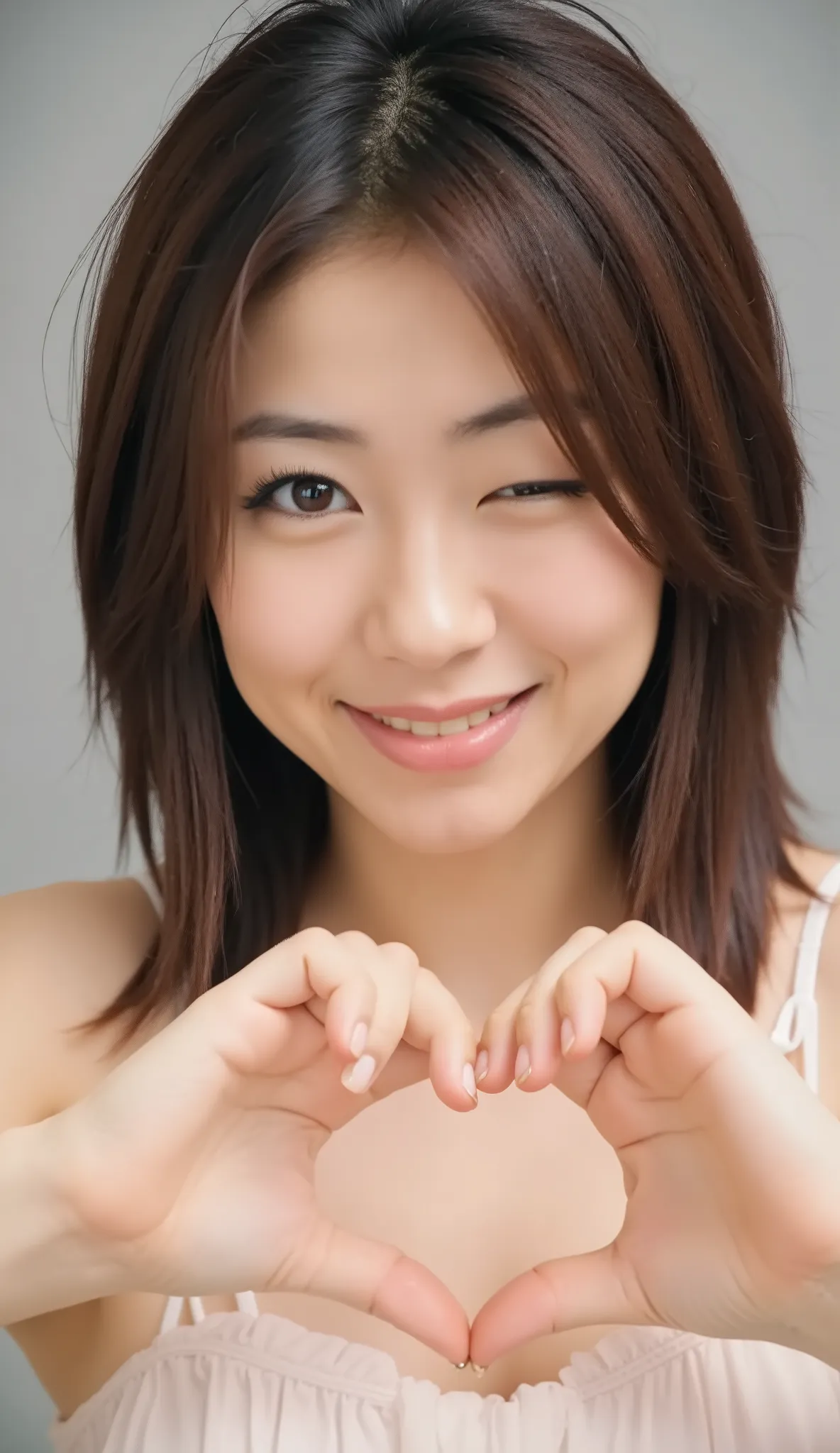 She wears a camisole, makes a heart shape with both hands, and poses in front of her chest, Close-up shot of a smiling face with one eye closed