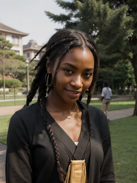 African black woman, very dark ebony skin, dreadlocks chignon, smile, Fitness musclular body, japanese school girl uniforme, public garden, portrait 