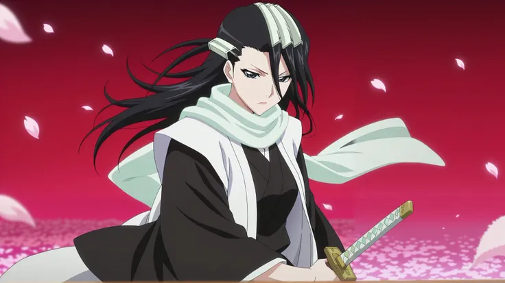 masterpiece, best quality, , anime screencap, , , , depth of field, 1girl, solo, female focus, female version byakuya_kuchiki, black hair, black eyes, long hair, scarf, japanese clothes, haori, petals, hair ornament, , sword, , gothic costume