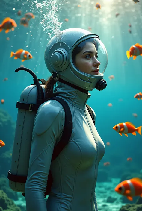 (masterpiece:1.2,Distinguished Quality,Mirror-like,Cinematic Experience),8k,wallpaper,,(A beautiful woman wearing a gray latex space body fit suit with oxygen tank for underwater exploration interacts with very beautiful Tropical fish clownfish of various ...