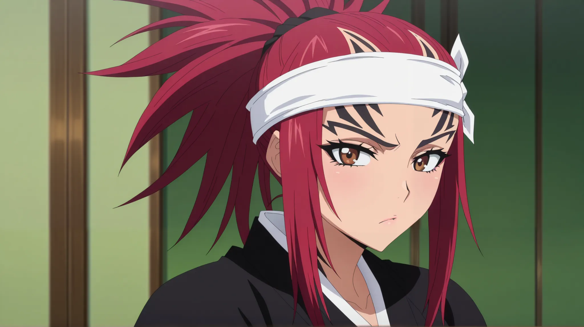 masterpiece, best quality, intricate details, anime screencap, anime coloring, , looking at viewer, , 1girl, solo, sexy girl, female focus, renji_abarai, red hair, brown eyes, spiked hair, long hair, ponytail, white headband, black kimono,