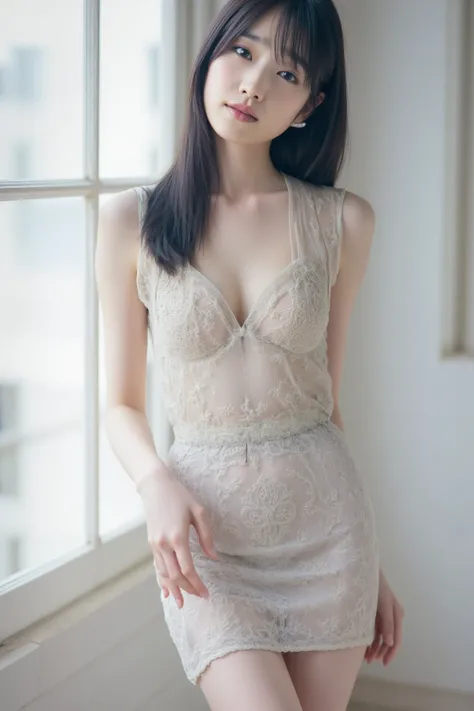 A Japanese woman in a tight lingerie dress.