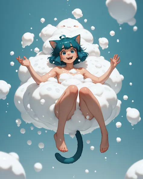 loose geek girl , cat tail , cat ear , floating , naked , many foam Covered chest , many foam Covered crotch , knees up , bubble princess , Fish shaped foam