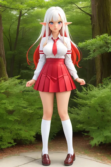 Female, tan skin, heterochromia red/white eyes, perfect split half red hair/half white hair down middle, perfect, full breast, elf ears, full body, standing, facing viewer, school uniforms 