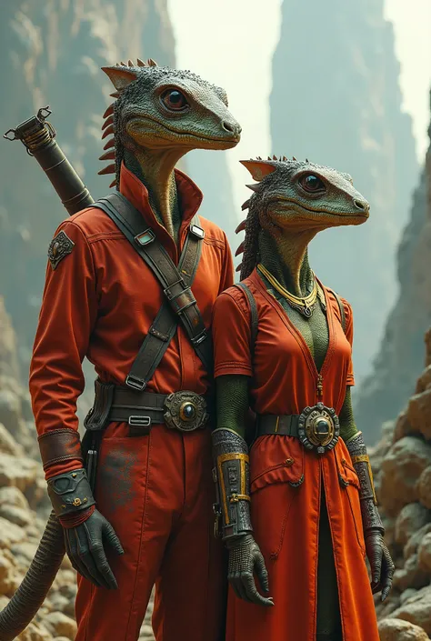 Reptilian Female Humanoid and her Reptilian Male Humanoid husband, dressed in futuristic red-golden clothes made from maliën and carrying alien weapons, full body, inside a legendary futuristic high-flying city with many intelligent walking big humans and ...