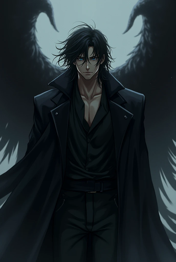 A anime adult man, long short hair, he has hunter eyes a black coat, behind him a black roal royals