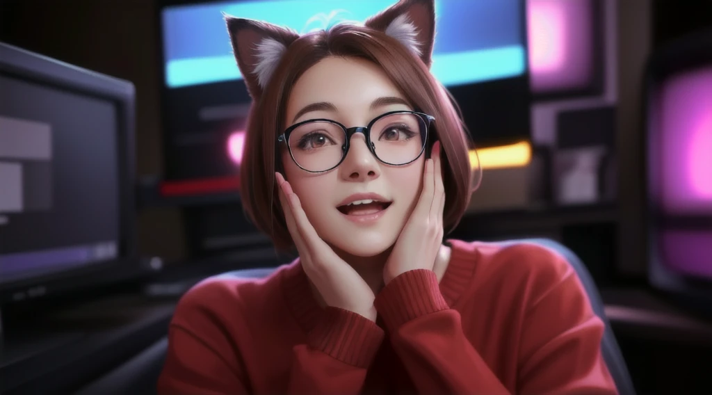 An amazed, amused woman with black-rimmed glasses, a chestnut hairstyle, and fluffy cat ears grabs her face. Brown eyes. Dressed in a red pullover. Neon purple light, blue monitor screens on the background. Monitors in the background. Warm filler on the fr...