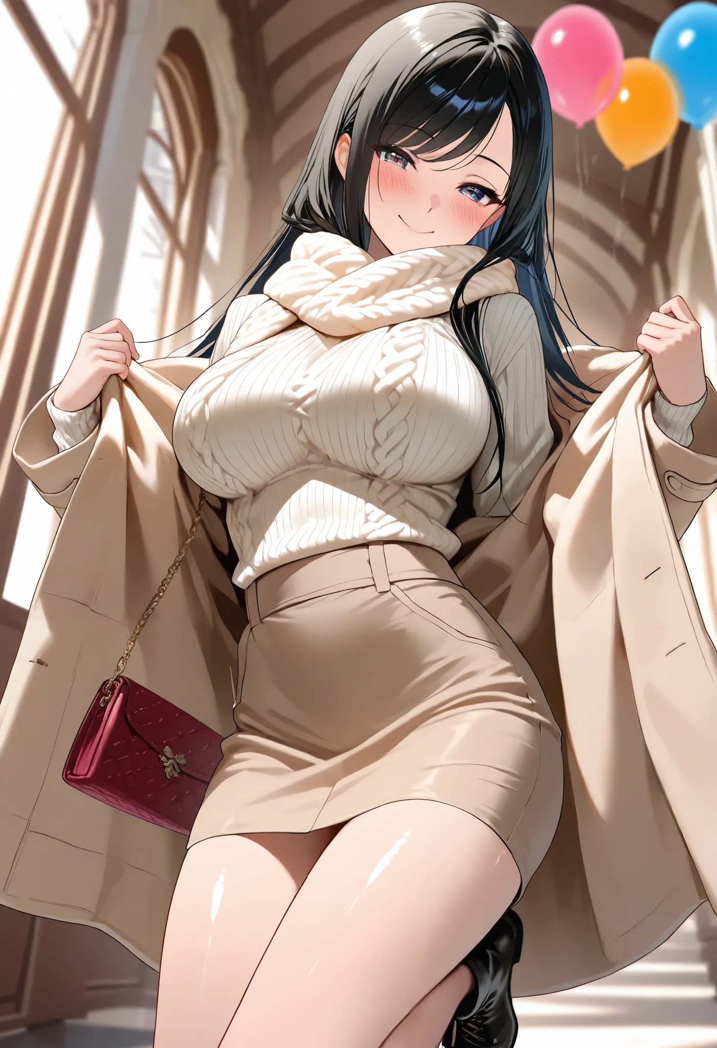 (best quality, masterpiece, ultra detailed, high resolution), Beautiful 8K CG artwork, Enriched photography, anatomically accurate body, depth of field,  1girl, elegant yet sexy girl, (long hair, black straight hair, swept bangs), 
round large breasts, bre...