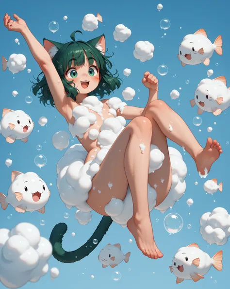 loose geek girl , cat tail , cat ear , floating , naked , many foam Covered chest , many foam Covered crotch , knees up , bubble princess , Fish shaped foam