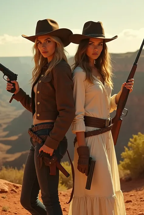 Cinematic film still from the movie "Bandidas", intense gritty, photo of two beautiful female cowboy outlaws , the one on the left holding a pistol is wearing a brown jacket, the one on the right holding a rifle is wearing white wild west theme dress , loo...