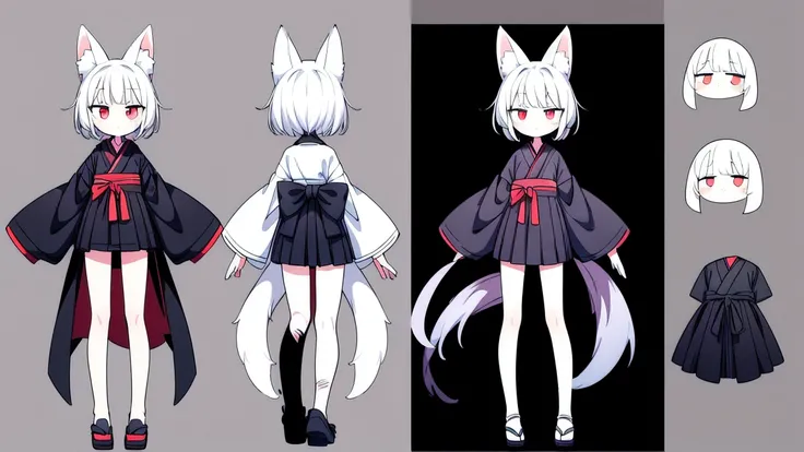 ((Best masterpiece, Perfect quality, Ultra detailed)), A fox girl with skinny body, With silver short hair, White big fox ears, Single hairy tail, Pale skin, Glowing red eyes, Wound on her cheek, Putting on a black kimono, Long length, Black cloth, Standin...