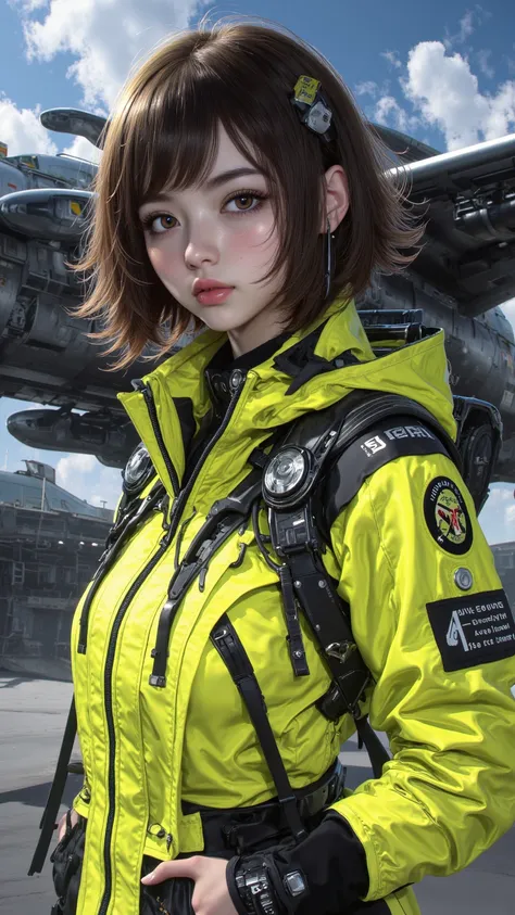 Gao Jiejie，Detailed numeric drawing，captures her essence as a focused NERV technician，She has short brown hair and brown eyes，wears a striking yellow and black jumpsuit，in 16K anime style，The background is a warplane