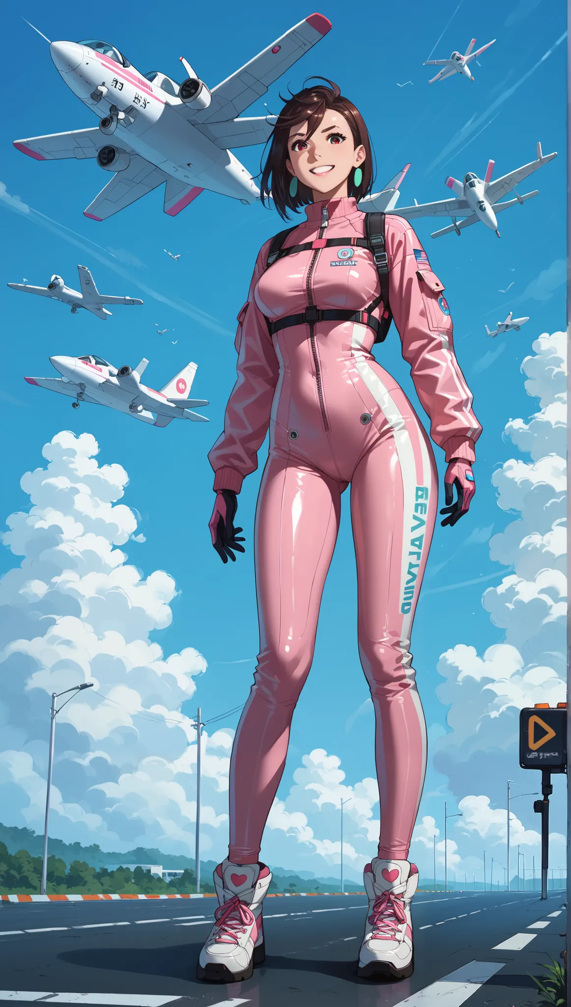 rape, Ayase Momo, 18 years old standing on the launch pad of the spaceport, one girl, pilot of the Earth Federation, pink pilot suit, Japanese, full body, latex, glossy, medium breasts, looking at the camera, smiling, loud onomatopoeic speech, bright sunny...