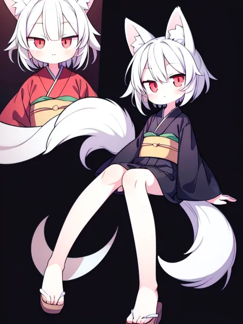 ((Best masterpiece, Perfect quality, Ultra detailed)), A fox girl with skinny body, With silver short hair, White big fox ears, Single hairy tail, Pale skin, Glowing red eyes, Wound on her cheek, Putting on a black kimono, Long length, Black cloth, Sitting...