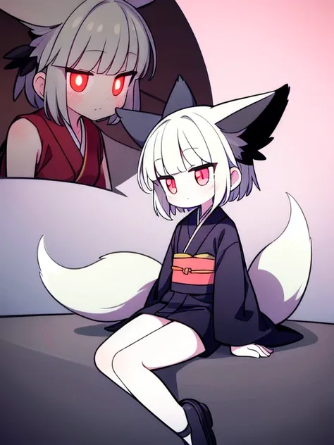 ((Best masterpiece, Perfect quality, Ultra detailed)), A fox girl with skinny body, With silver short hair, White big fox ears, Single hairy tail, Pale skin, Glowing red eyes, Wound on her cheek, Putting on a black kimono, Long length, Black cloth, Sitting...