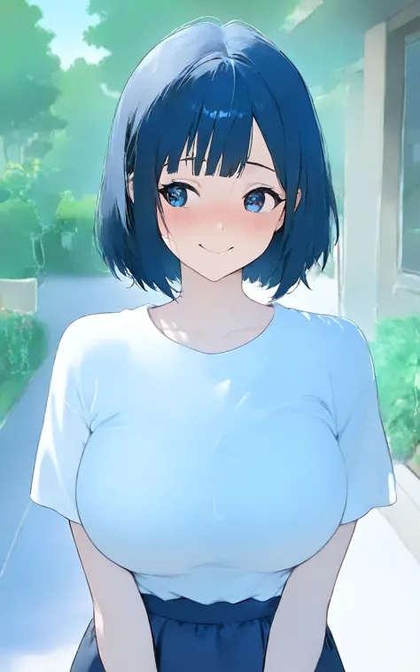 solo,one girl,Navy blue hair color,Short Hair, blue eyes, cute, beauty,Short sleeve, white t-shirt,((Look at me and have a big smile)),((is small and open)),is shy,embarrassed, has red cheeks, cuteポーズ,outside,garden,noon,Breasts that are about the size of ...