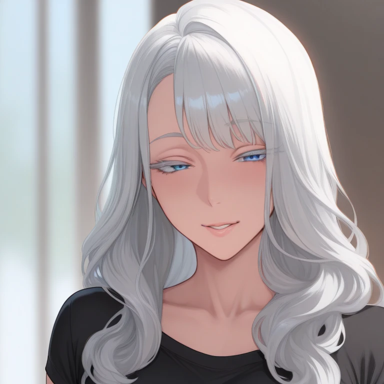 masterpiece, best quality, amazing quality, very aesthetic, solo, 1girl, hot MILF, baby blue eyes, white hair, long hair, wavy hair, white eyelashes, flat chest, black t-shirt, aloof expression