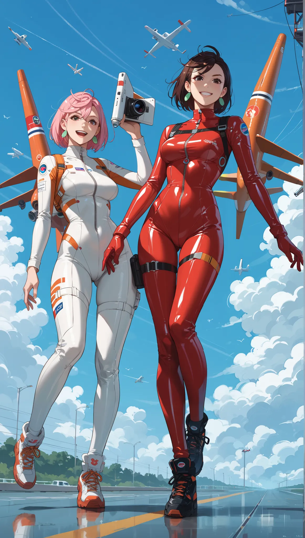 rape, Ayase Momo, 18 years old standing on the launch pad of the spaceport, one girl, pilot of the Earth Federation, red pilot suit, Japanese women, full body, latex, glossy, medium breasts, looking at the camera, smiling, loud onomatopoeic speech, bright ...