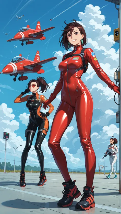 rape, Ayase Momo, 18 years old standing on the launch pad of the spaceport, one girl, pilot of the Earth Federation, red pilot suit, Japanese women, full body, latex, glossy, medium breasts, looking at the camera, smiling, loud onomatopoeic speech, bright ...